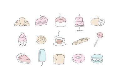 Doğrusal fırın ve tatlı ikonları keki, lolipop, kahve, baget, turta, çörek, dondurma, pasta, badem kurabiyesi, ekmek, bisküvi çizimi