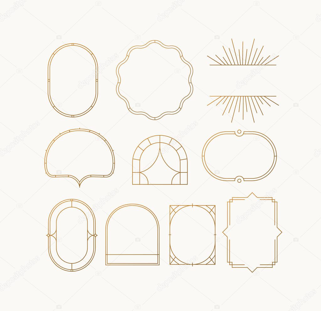 Art deco frames drawing in linear style on beige background.