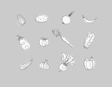 Sebze ikonları avokado, patates, soğan, chili, patlıcan, domates, havuç, marul, salatalık, sarımsak, pancar, biber gibi gri arka planda doğrusal çizim.