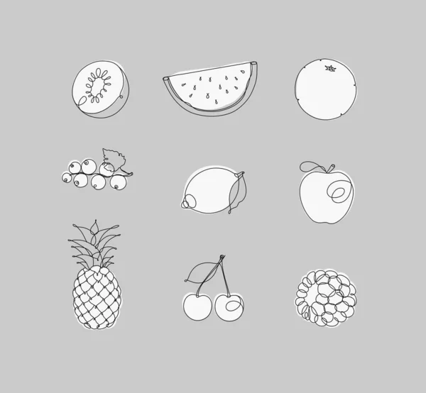 Fruits Icons Kiwi Watermelon Orange Currant Lemon Apple Pineapple Cherry — Stock Vector