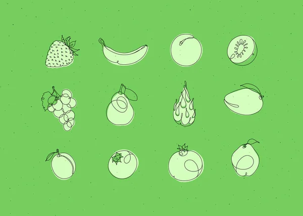 Fruits Icons Strawberry Banana Apricot Kiwi Grapes Pear Dragon Fruit — Stock Vector