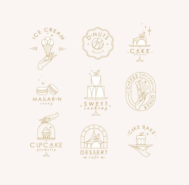 Sanat deco tarzı harflerle bej arka planda beyaz çizilmiş fırın tatlı etiketleri.