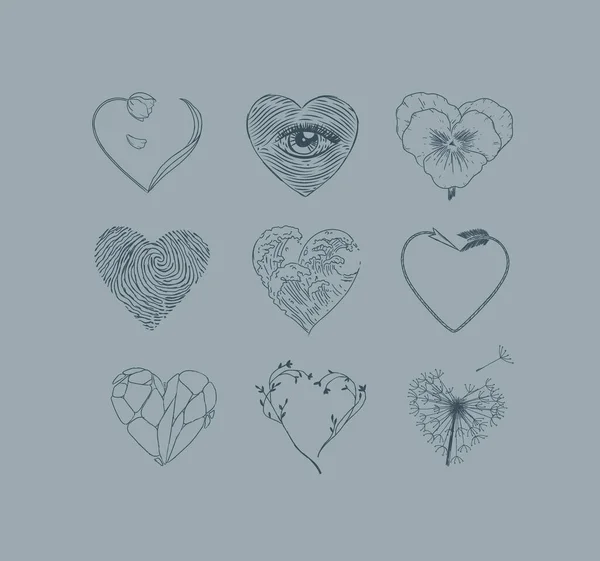 Форма Сердца Цветами Глазами Отпечатками Пальцев Волнами Стрелками Каменным Рисунком — стоковый вектор