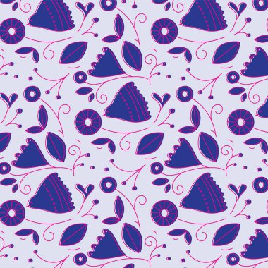 Gök mavisi arkaplanda doğrusal çizim yapan etnik çiçek ve kuş desenleri