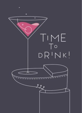 Alkol posteri. Manhattan kokteyl bardağı. Harfli içki saati. Yaya olarak duruyor.