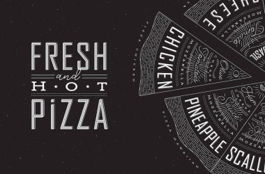 Farklı pizza dilimlerinin yer aldığı poster, tarifler ve isimler taze ve sıcak harflerle sergileniyor, siyah bir arkaplanda çizilmiş..