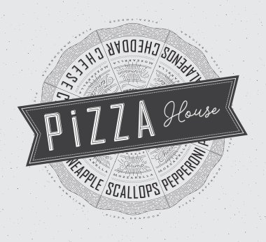 Çeşitli pizzaların, tavukların, deniz ürünlerinin, pepperonilerin, peynirin, margheritanın tariflerinin ve isimlerinin yazılı olduğu bir poster..