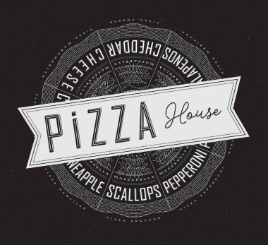 Çeşitli pizzaların, tavukların, deniz ürünlerinin, pepperonilerin, peynirin, margherita 'nın tariflerinin ve isimlerinin olduğu bir poster..