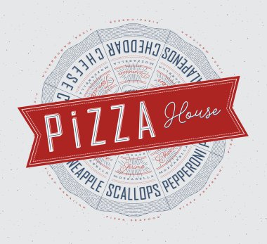 Çeşitli pizzaların, tavukların, deniz ürünlerinin, pepperonilerin, peynirin, margheritanın, pizza evindeki harflerin ve isimlerin yer aldığı bir poster. Gri arka planda mavi ve kırmızı çizilmiş..