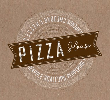 Çeşitli pizzaların, tavukların, deniz ürünlerinin, pepperonilerin, peynirin, margherita 'nın tariflerinin ve isimlerinin olduğu bir poster..