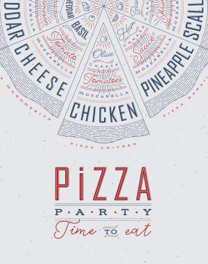 Çeşitli pizza dilimleri, tavuk, deniz ürünleri, pepperoni, peynir, margherita, pizza partilerinde harf yemek için gösterilen tarifler ve isimler, gri bir BG 'ye mavi ve kırmızı çizilmiş..