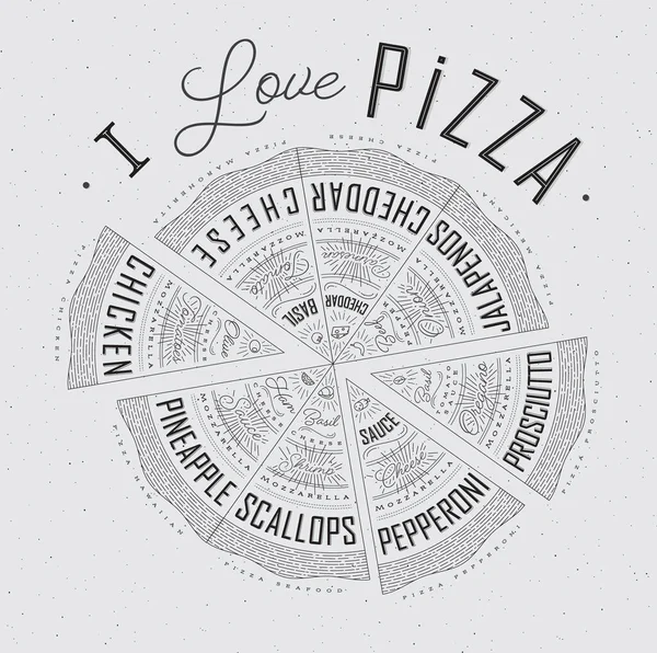 さまざまなピザ チキン シーフード ペッパーニー チーズ マルゲリータ レシピと名前が付いたポスターは 灰色の背景に描かれたピザレタリングが大好きです — ストックベクタ