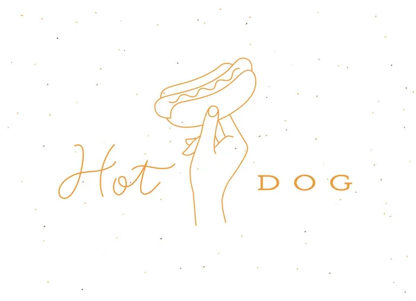 Hand Hält Hot Dog Mit Wurst Und Schriftzeichen Linearen Stil Stockillustration