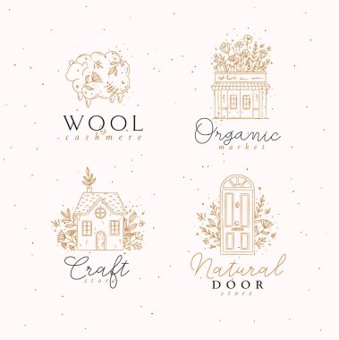 El çizimi koyun, dükkan, ev, kapı etiketleri bej arka planda çiçeklerle çizilmiş.