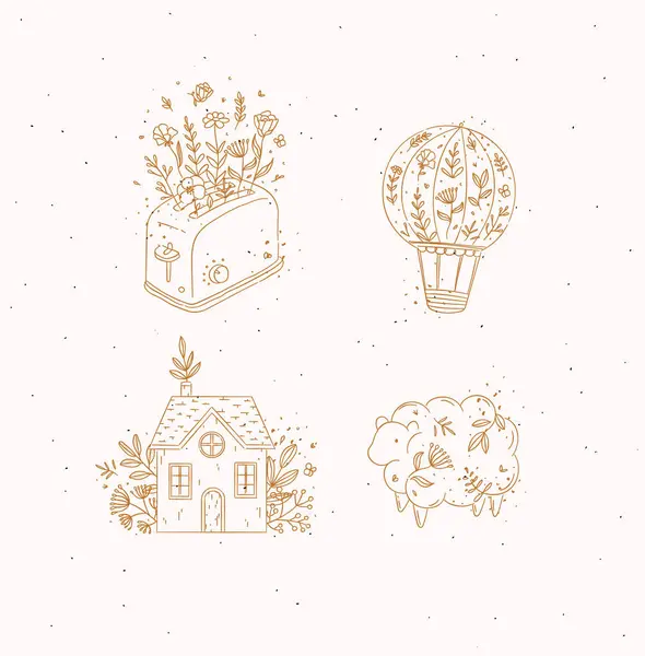 Handgezeichneter Heißluftballon Toaster Dorfhaus Schafsymbole Floralen Stil Auf Beigem Hintergrund lizenzfreie Stockvektoren