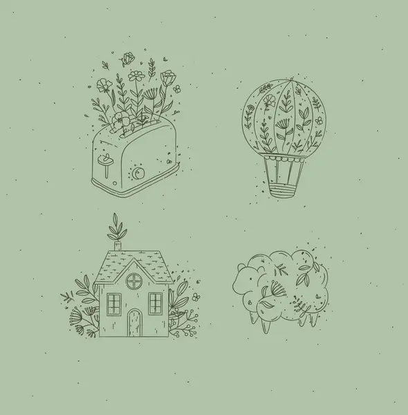 Handgezeichneter Heißluftballon Toaster Dorfhaus Schafsymbole Floralen Stil Auf Grünem Hintergrund lizenzfreie Stockvektoren