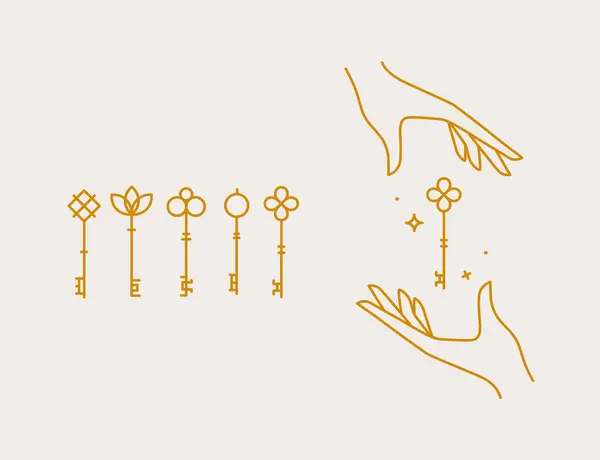 Nyckelsamling Sammansättning Med Händerna Ritning Linjär Stil Ljus Bakgrund Royaltyfria illustrationer