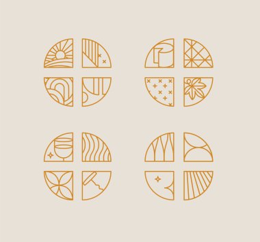 Bej arkaplanda doğrusal çizim yapan şarap sanatı deco sembolleri