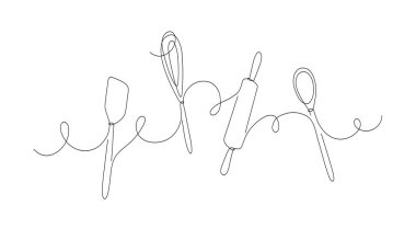 Fırın araçları çırpma, merdane, beyaz arkaplanda spatula silueti çizimi