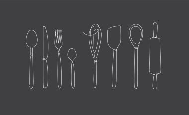 Mutfak aletleri ve çatal bıçak, çatal, bıçak, çay kaşığı, çırpı, merdane, siyah arkaplanda doğrusal çizim yapan spatula..