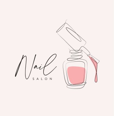 Nail polish pink bottle with brush and lettering salon drawing in linear style on beige background