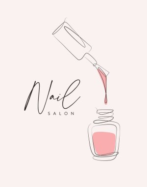 Nail polish pink bottle lettering salon drawing in linear style on beige background
