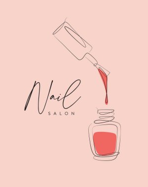 Nail polish pink bottle lettering salon drawing in linear style on peach background