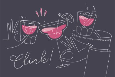 Kokteyl bardakları viski, vermut, cin, martini, aperol, modern düz çizgi tarzında koyu arkaplanda margarita için tezahürat yapar.