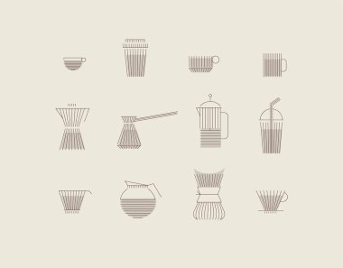 Kahve doğrusal ikon set fincanı, bardak, fransız presi, üretici, filtre, damla, Türk, bej arkaplanda kahverengi düz çizgiler çizilmiş demlik