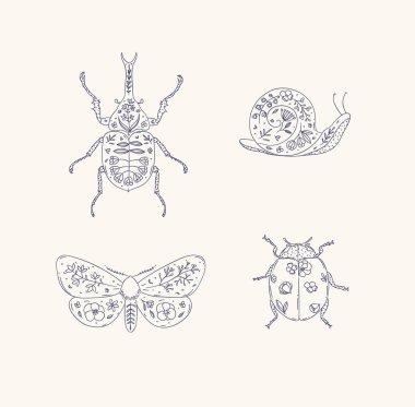 Böcek elementleri gergedan böceği, salyangoz, güve, uğur böceği bej arka planda maviyle çiçek şeklinde çizer.