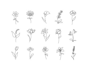 Çiçek simgeleri seti gül, lale, çan, kamelya, nergis, papatya, calla, lavanta, zambak, şakayık, gelincik, kenevir, duvar çiçeği gibi yuvarlak doğrusal çizim, beyaz arka planda siyah