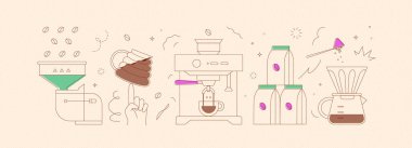 Kahve değirmeni, fincan, makine, paket, yapıcı semboller şeftali arka planda modern doğrusal sanat tarzında çiziliyor.