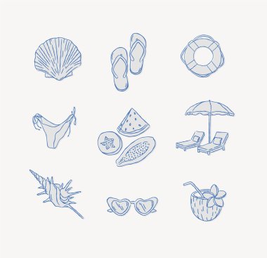 Yaz mevsimi ikonları kabuk terlikleri bikini papaya kavun kavunu plaj şezlongu ve şemsiye güneş gözlüğü mavi arka planda grafik stili Hindistan cevizi çizimi.