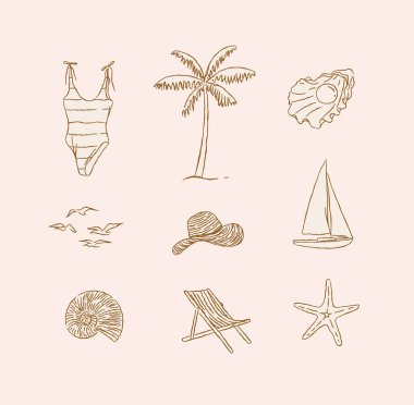 Yaz plajı rahatlama ikonları mayo, palmiye ağacı, kabuk, inci, martılar, kuşlar, şapka, yat, denizyıldızı, plaj sandalyesi bej arka planda grafik tarzda çizim.
