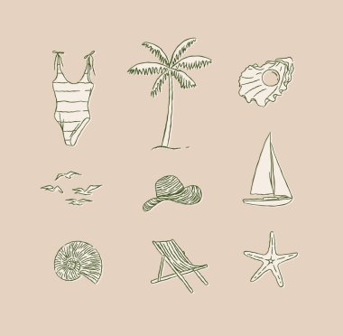 Yaz plajı rahatlama ikonları mayo, palmiye ağacı, kabuk, inci, martılar, kuşlar, şapka, yat, denizyıldızı, kumsal sandalyesi kahverengi arka planda grafik tarzda çizim.