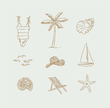 Yaz plajı rahatlama ikonları mayo, palmiye ağacı, kabuk, inci, martılar, kuşlar, şapka, yat, denizyıldızı, turkuaz arka planda plaj sandalyesi çizimi