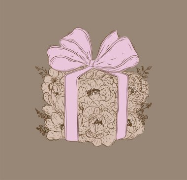 Çiçek ve fiyonklardan yapılmış bir hediye kutusu. Kahverengi arka planda çiçek ve taç yaprakları var.