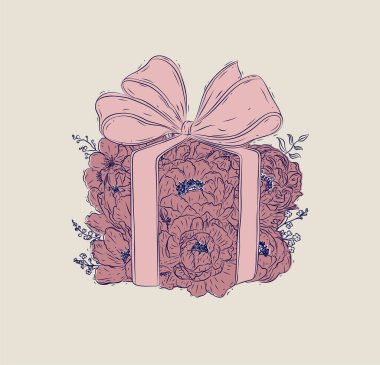 Çiçek ve fiyonklarla yapılmış hediye kutusu. Çiçek şeklinde çizilmiş. Arka planda mavi ve kırmızı.