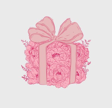 Çiçek ve fiyonklardan yapılmış hediye kutusu bej arka planda pembe ile çiçek stili çizilmiş.