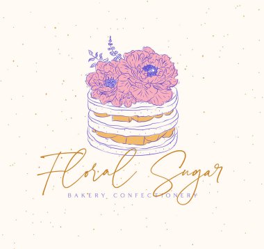 Pastane etiket tasarımı ve bej arka planda çiçek şekeri çizimi