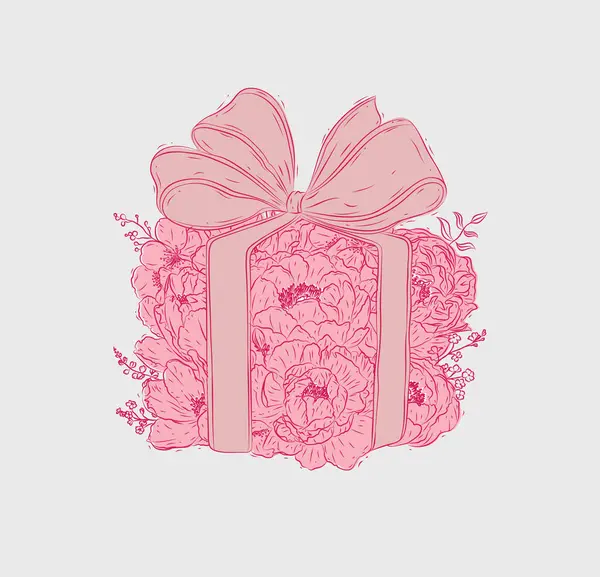 Çiçek ve fiyonklardan yapılmış hediye kutusu bej arka planda pembe ile çiçek stili çizilmiş.