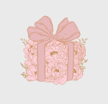Çiçek ve fiyonklardan yapılmış hediye kutusu bej arka planda çiçeklerle çizilmiş.