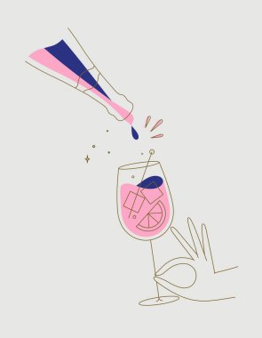 Elinde aperol spreyi bardağı bej arka planda düz çizgi şeklinde kokteyl ve şişe çizimi var.