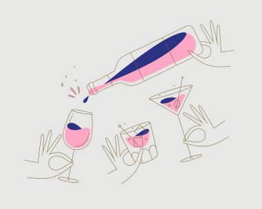 El ele tutuşan şarap, viski, martini bardakları ve şişe bej arka planda düz çizgi şeklinde çiziliyor.