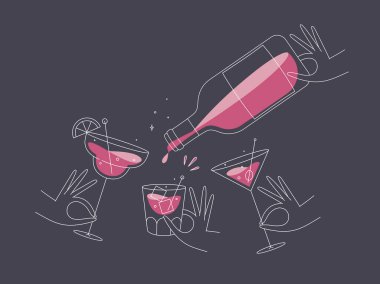 El ele tutuşan pina colada, viski, martini bardakları ve şişe koyu mavi arka planda düz çizgi şeklinde çizimler.