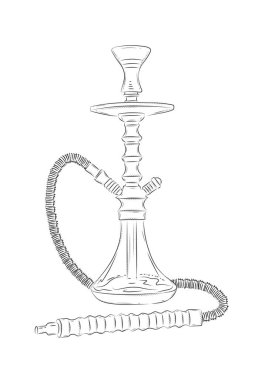 Hortum ve tütün kasesi siluetiyle tasarlanmış nargile. Beyaz arka planda siyah ve klasik grafik tarzında çizilmiş.