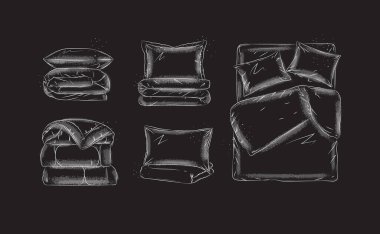 Yastıklı yatak seti, katlanmış battaniye, çarşaf, yatak odası için siyah arka planda grafik şeklinde çizilmiş yatak.