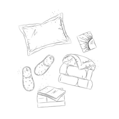 Yatak odası için beyaz zemin üzerine grafik şeklinde çizilmiş yastıklı, boş çarşaflı, terlikli uyku öğeleri.