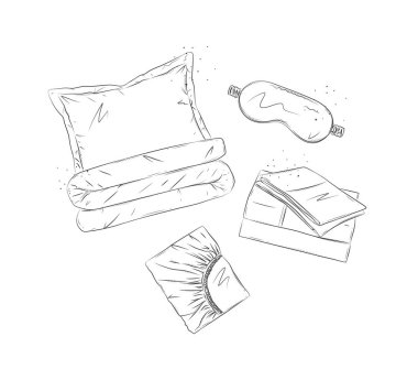 Uyku maskesiyle dinlenmek için hazırlanmış uyku aksesuarları. Göz, çarşaf, beyaz arka planda grafik şeklinde çizilmiş yastık.