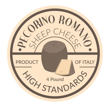 Yüksek standartlarda koyun peyniri, İtalya 'nın pecorino romano ürünü. Süt ürünleri üretimi ve ithalatı. Lezzetli ve besleyici bir yemek. Düz biçimli, ağırlığı, vektörü olan paket için etiket veya amblem